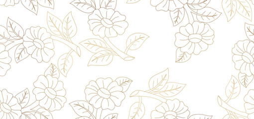 Vintage luxury seamless floral background with golden lilies flowers. Romantic pattern template for wall decor, wallpaper, wedding invitations, ceremonies, cards.