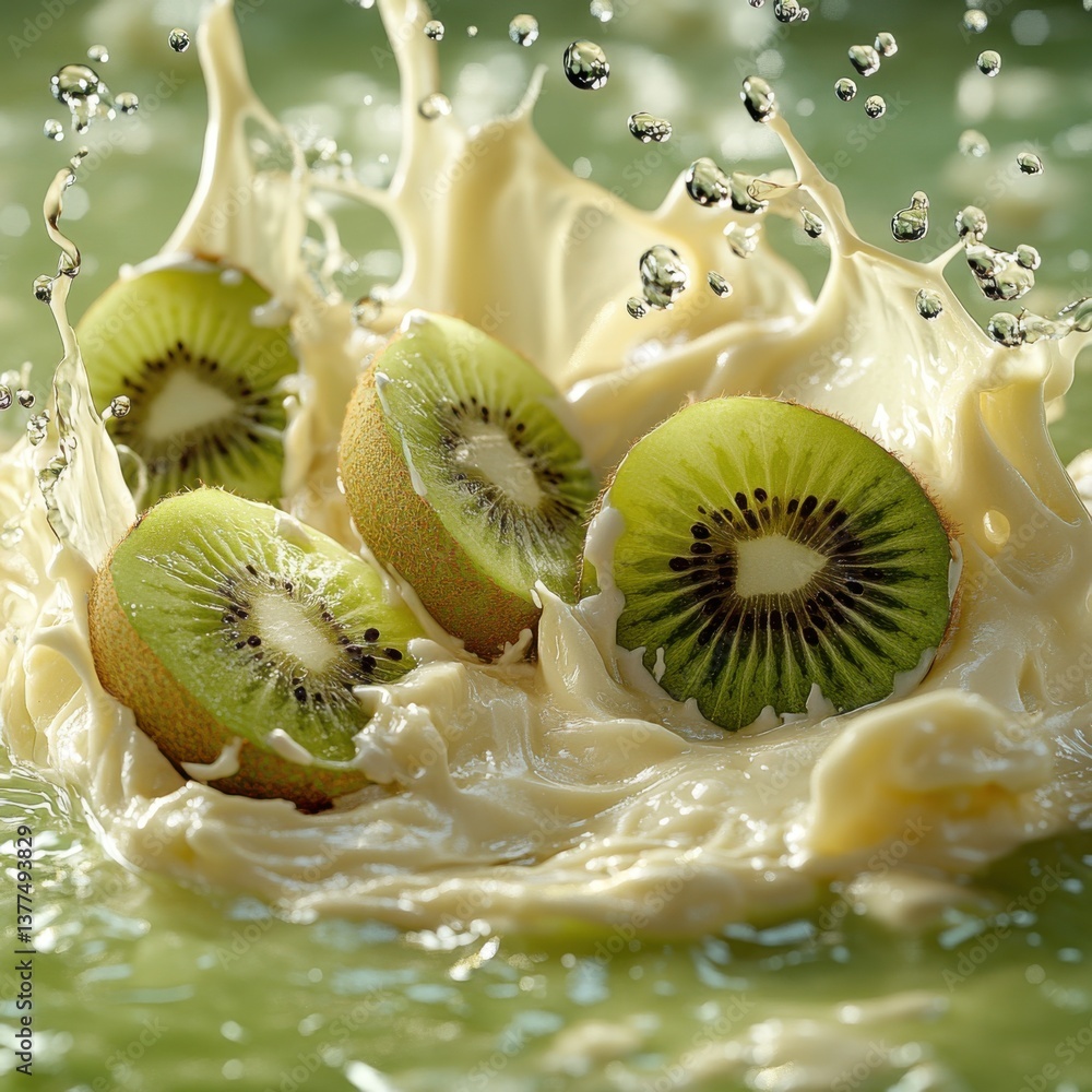 Poster juicy kiwi slices splash into a creamy liquid, creating a vibrant and refreshing scene filled with e