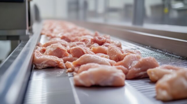 Fresh chicken fillets on production line in food processing plant during daytime operations