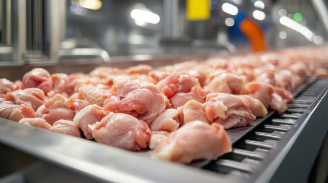 Chicken processing operation in a modern facility showing rows of fresh poultry on conveyor belts