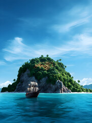 A pirate ship approaching a large island with a hidden treasure, with the crew getting ready to disembark.

