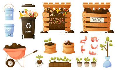 Vector set on the topic of organic compost, eco gardening, composting, agriculture. Compost bin, bag with soil, food waste, worms, container, bucket for composting in the apartment.