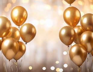 Gold balloons with white gold bokeh background, copy space, sale and party theme