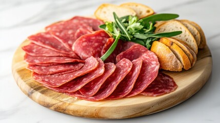 Obraz premium A platter of sliced, tender balyk with delicate fat marbling, served with fresh herbs and bread