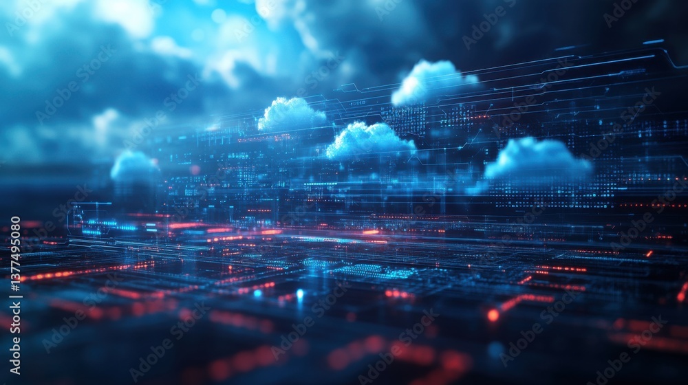 Poster a futuristic digital landscape with glowing circuits, clouds, and dynamic lighting elements represen