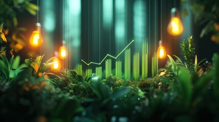 A vibrant scene blending nature with technology, featuring plants, glowing bulbs, and a rising graph, symbolizing growth and innovation.