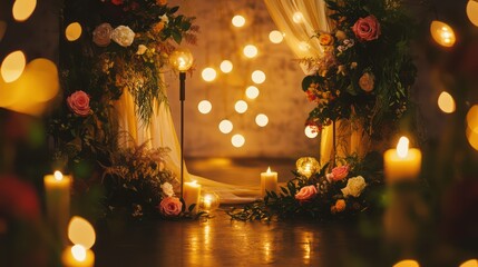Romantic floral arch with candles, indoor setting