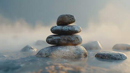 Serene Stack of Stones in Misty Water Peaceful Zen Garden Scene