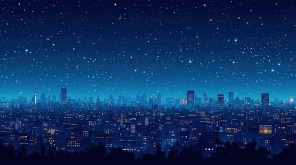 A serene cityscape at night, illuminated by glowing windows and dotted with stars, creating a tranquil and dreamy atmosphere.