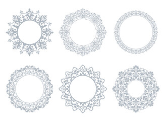 Set of decorative frames Elegant vector element for design in Eastern style, place for text. Floral gray and white borders. Lace illustration for invitations and greeting cards
