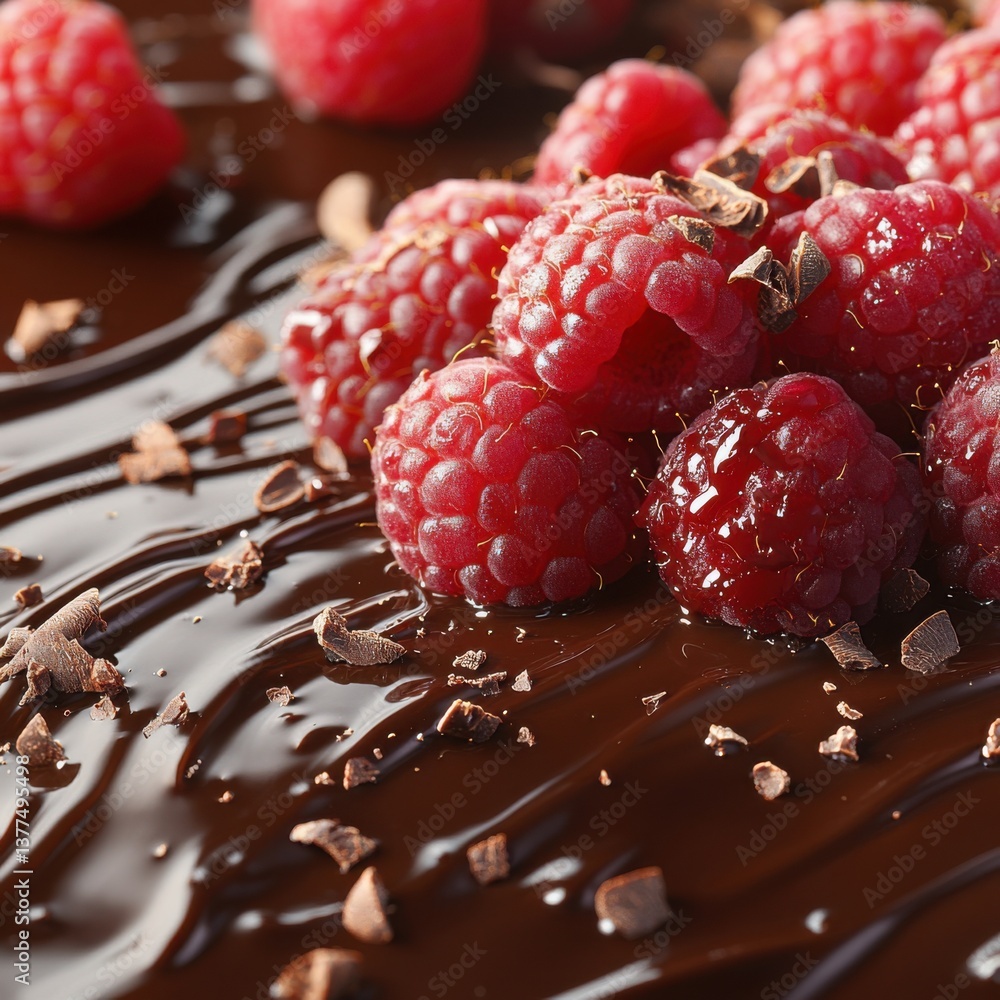 Poster fresh raspberries atop a smooth layer of rich chocolate, creating a decadent and visually appealing 