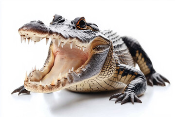 Fototapeta premium Large Alligator with Open Mouth Isolated on White Background for Nature and Wildlife Concepts