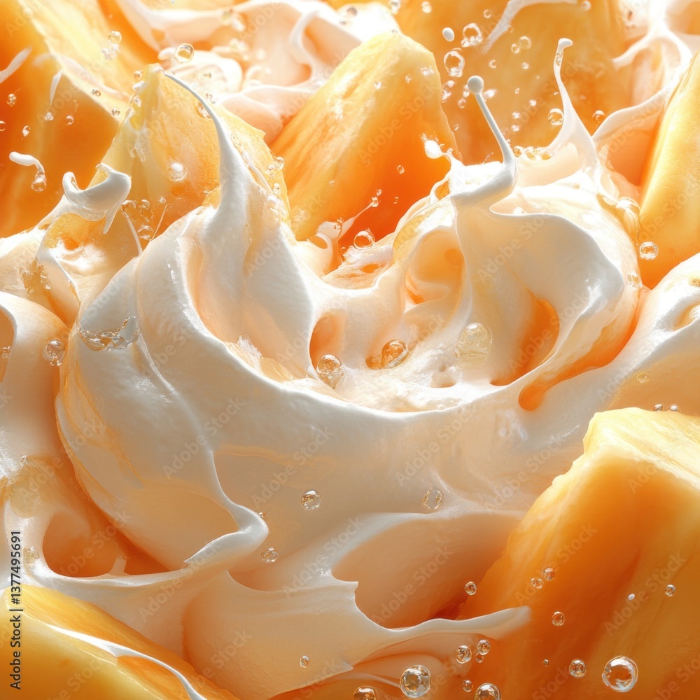 Poster a close-up image of pineapple chunks surrounded by creamy swirls and bubbles, creating a fresh and a