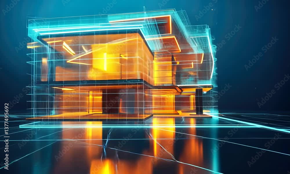 Poster a digital rendering of a modern house, displaying architectural structure with neon highlights.
