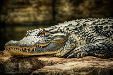 Fototapeta premium Detailed Portrait of a Crocodile Resting on a Rock Against a Dark Background
