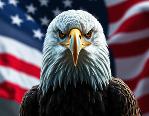 Naklejka premium Majestic Bald Eagle with American Flag Background – Symbol of Freedom