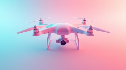 A sleek, modern drone with a camera, set against a gradient background of soft pink and blue hues, showcasing innovation in technology.