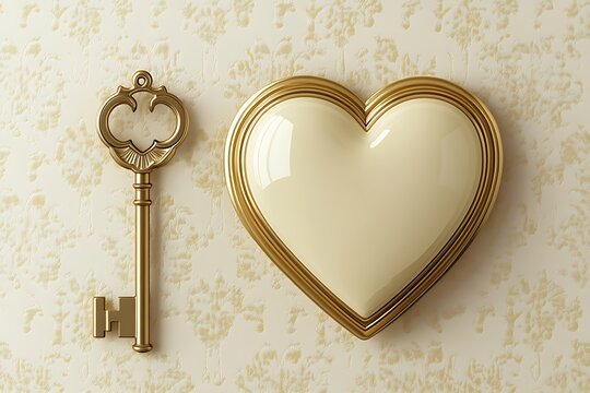 An ornamental key next to a heart shaped object on patterned wallpaper.