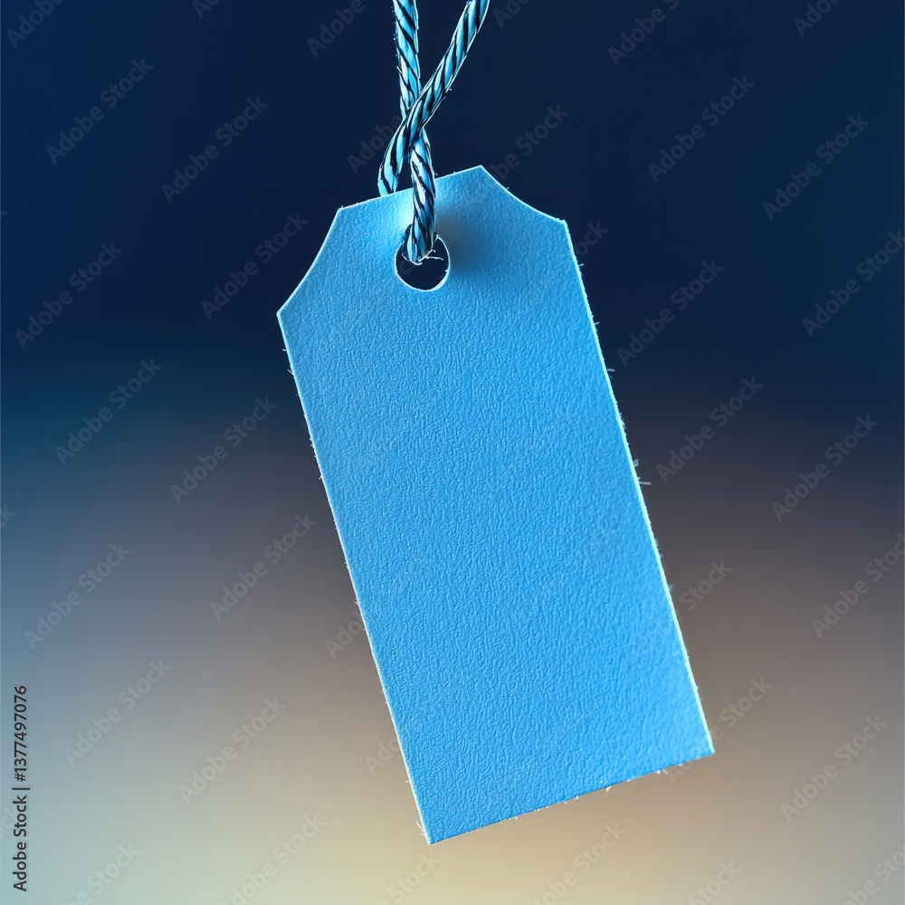Poster close up view of blue tag hanging from string, showcasing its smooth texture and clean design against blurred background. tag is empty, allowing for customization