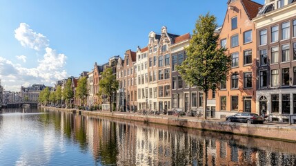 Obraz premium Charming Canal Houses Reflecting on Calm Waters in Amsterdam