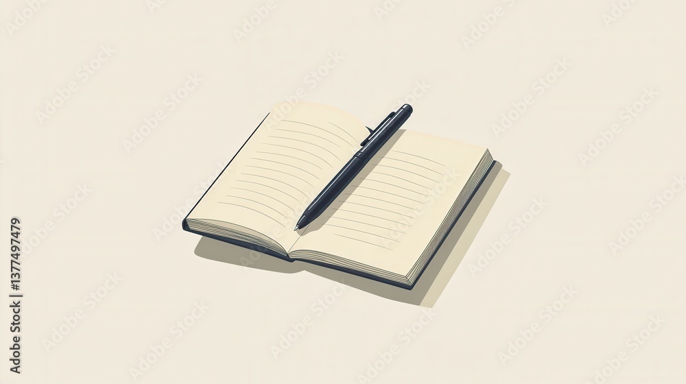 Poster an open notebook with a pen resting on it, set against a simple background, ideal for writing and no
