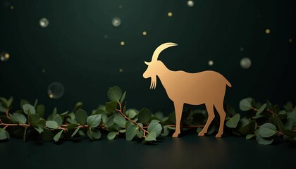 Eid AlAdha Decoration Concept with Goat Silhouette and Eucalyptus Leaves on Dark Background.