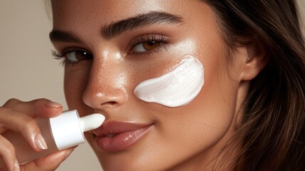 A young woman applies cream to her face, showcasing glowing skin and a confident smile.