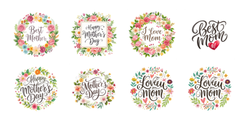 Happy mothers day calligraphy floral text isolated on transparent background