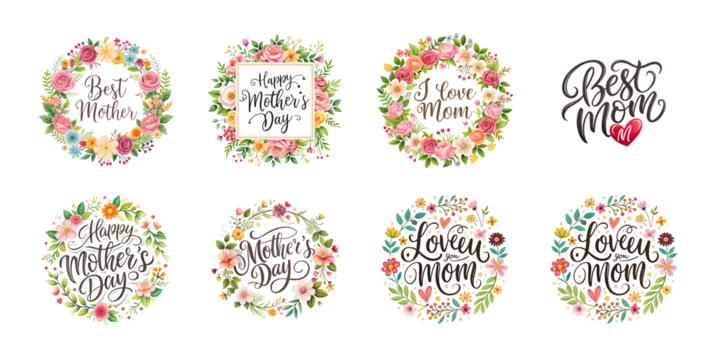 Happy mothers day calligraphy floral text isolated on transparent background - Powered by Adobe