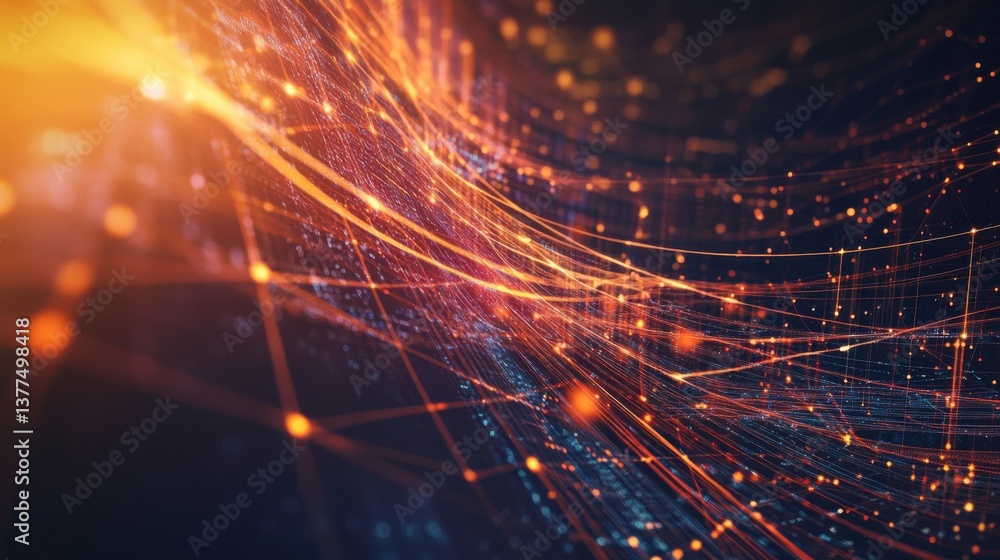 Poster a vibrant digital abstract with glowing lines and particles, depicting a network of energy and data 