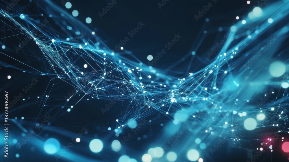 Poster abstract digital artwork featuring intricate blue lines and glowing particles, creating a sense of d