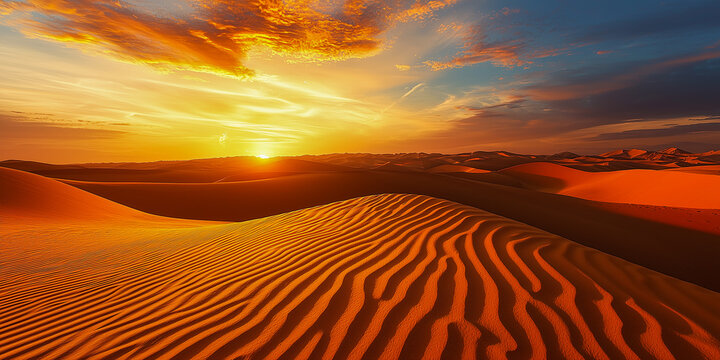 Golden sand dunes at sunset with wind patterns in desert