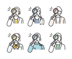 シンプル　イラスト　虫眼鏡を覗くいろいろな職業の女性のアイコンセット 人物