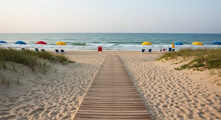 Fototapeta premium Beach Boardwalk Leading to Ocean with Colorful Umbrellas on Sunny Day