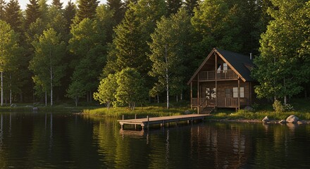 Fototapeta premium Cabin on Lake Shore with Dock Amidst Forest at Golden Hour
