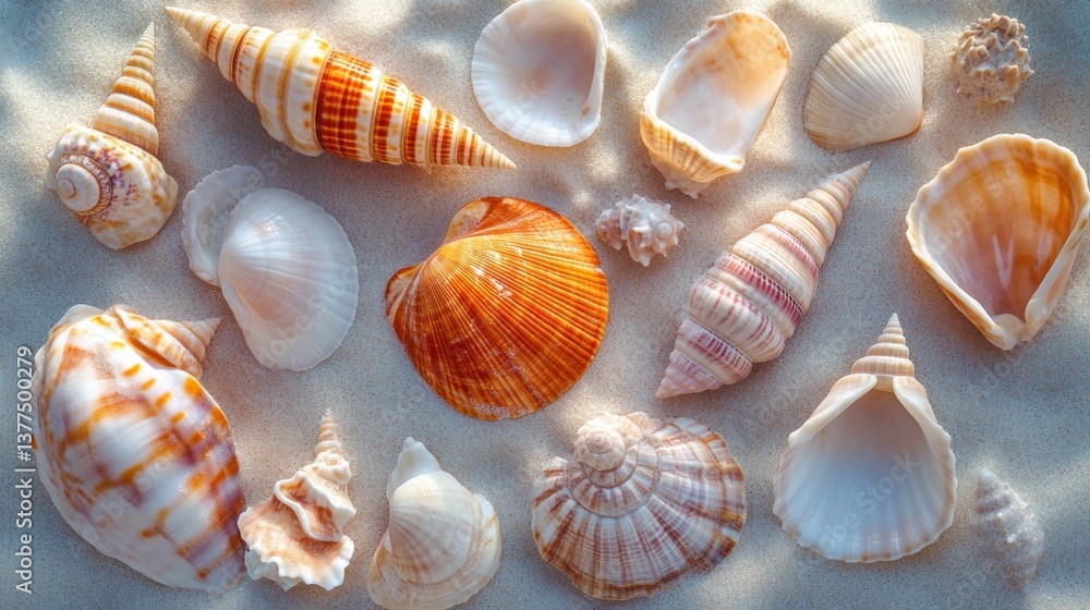 Poster a collection of various seashells displayed on sandy surface, showcasing intricate patterns and natu