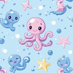 Obraz premium A playful underwater scene featuring cute cartoon octopuses, starfish, and bubbles on a light blue background, perfect for children's decor or ocean-themed designs.