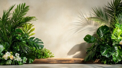 Lush Tropical Plants and Wooden Tabletop Against Beige Wall Background
