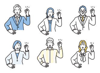 シンプル　イラスト　ガッツポーズをするビジネスパーソンの男性と女性 人物セット
