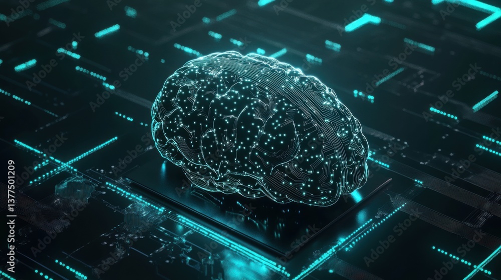 Poster a digital representation of a brain, illuminated with blue circuitry, symbolizing artificial intelli