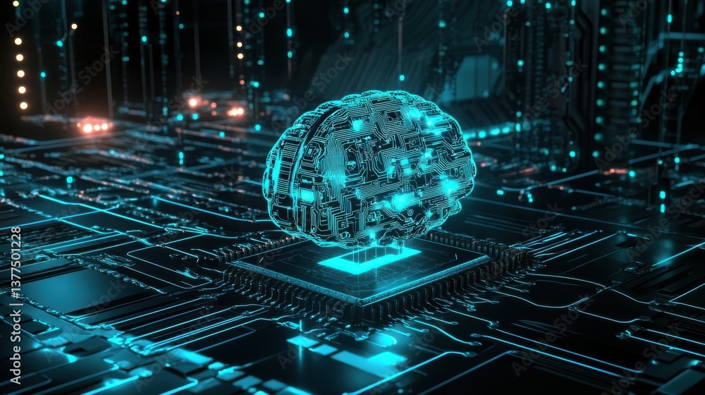 Poster a futuristic depiction of a digital brain resting on a circuit board, symbolizing advanced technolog