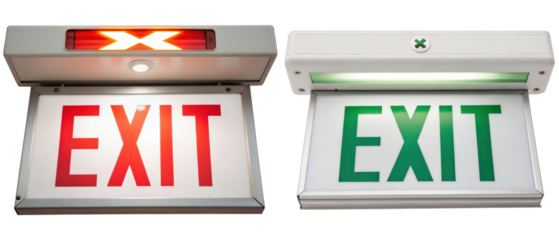 Exit signs illuminated for safety guidance isolated with transparent background