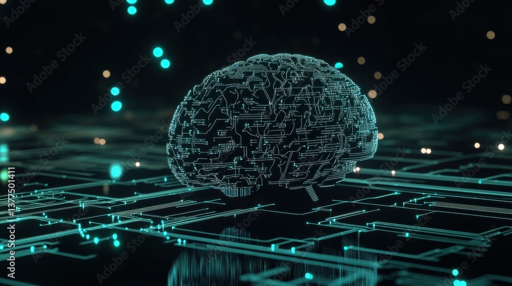 Poster a digital representation of a brain composed of circuitry, set against a dark background with glowin