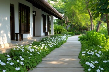 Walkway with white flowers bordering a white building with dark wood features