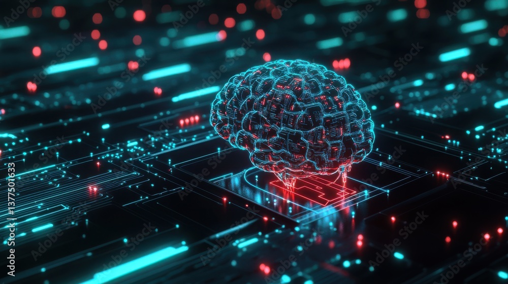 Poster a digital representation of a brain embedded in a circuit board, symbolizing artificial intelligence