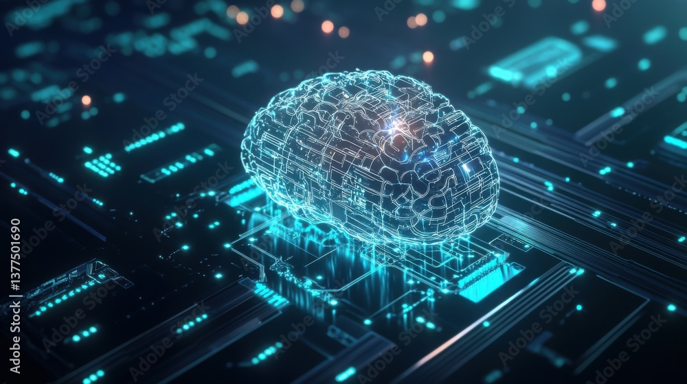 Poster a digital representation of a brain, showcasing intricate circuits and glowing elements, symbolizes 