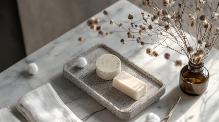 Minimalist spa-themed soap bars on stone tray with cotton and dry floral decoration on marble surface