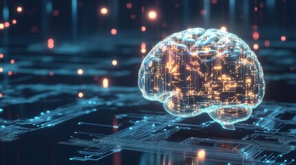 Fototapeta premium A digital representation of a brain illuminated with circuitry, symbolizing the intersection of technology and neuroscience.