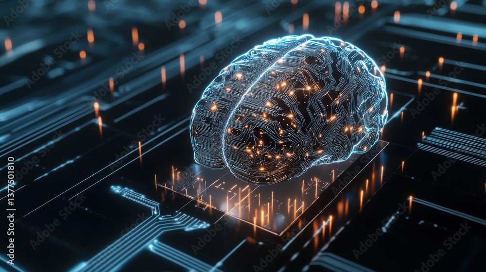 Poster a futuristic digital representation of a brain, interconnected with circuits, symbolizing artificial