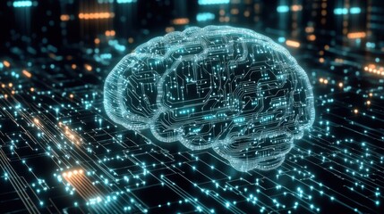 Obraz premium A digital representation of a brain illuminated with circuits, set against a backdrop of glowing data streams, symbolizing artificial intelligence and technology.